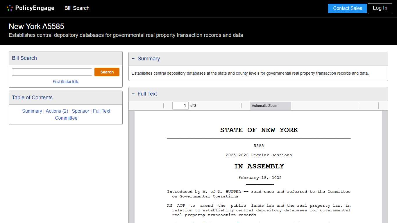 A5585 New York 2025-2026 Establishes central depository databases for governmental real property transaction records and data - Legislative Tracking PolicyEngage